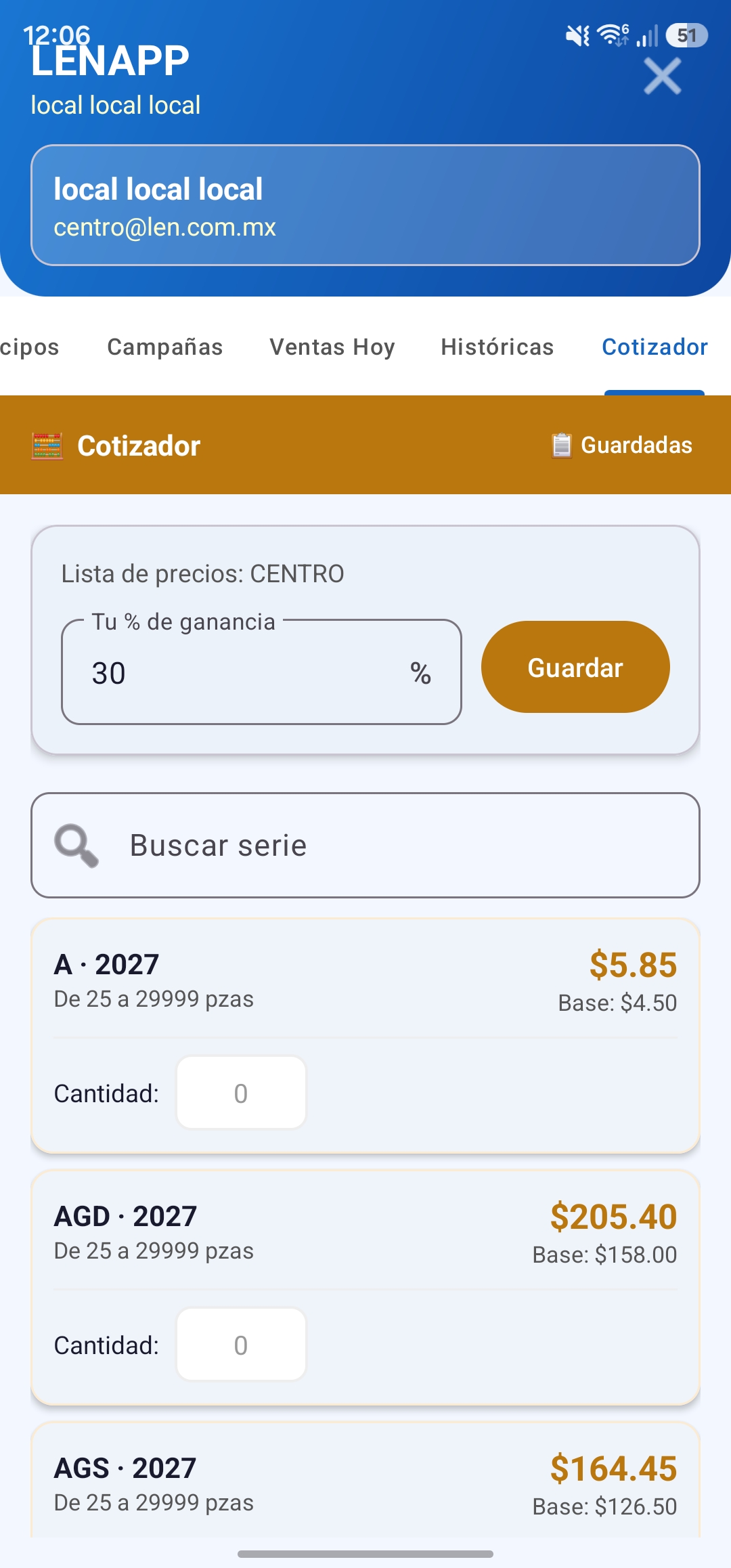 Pantalla del Cotizador